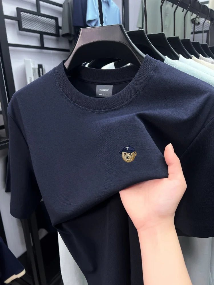 High end solid color short sleeve T-shirt ice silk cotton breathable fashion brand bear print summer new men's round neck top - DeadLineStreet