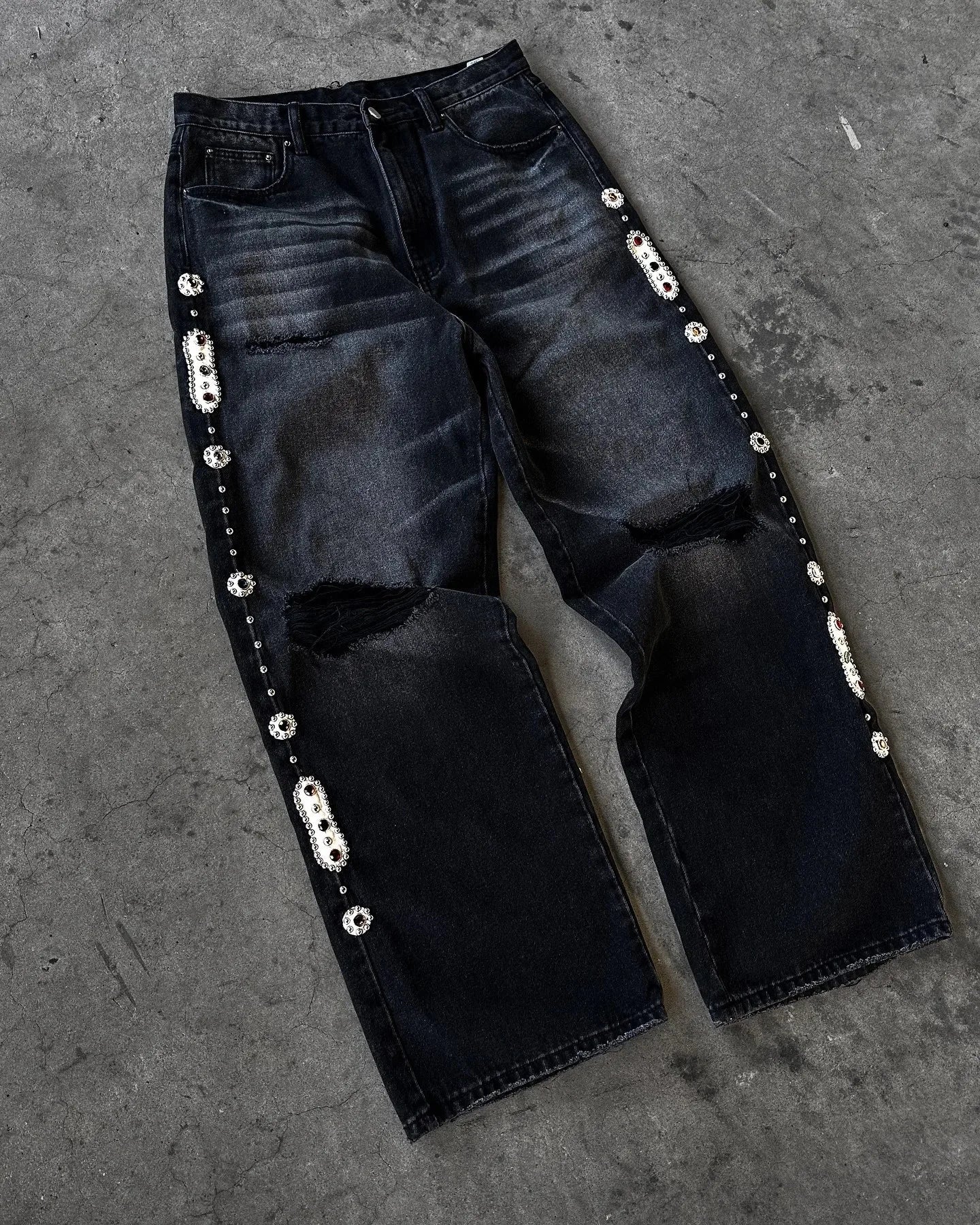 2025 New Y2k Men Women Fashion Streetwear Retro Raw Edge Embroidery Baggy Jeans Vintage Punk Rock Patchwork Wide Leg Denim Pants - DeadLineStreet