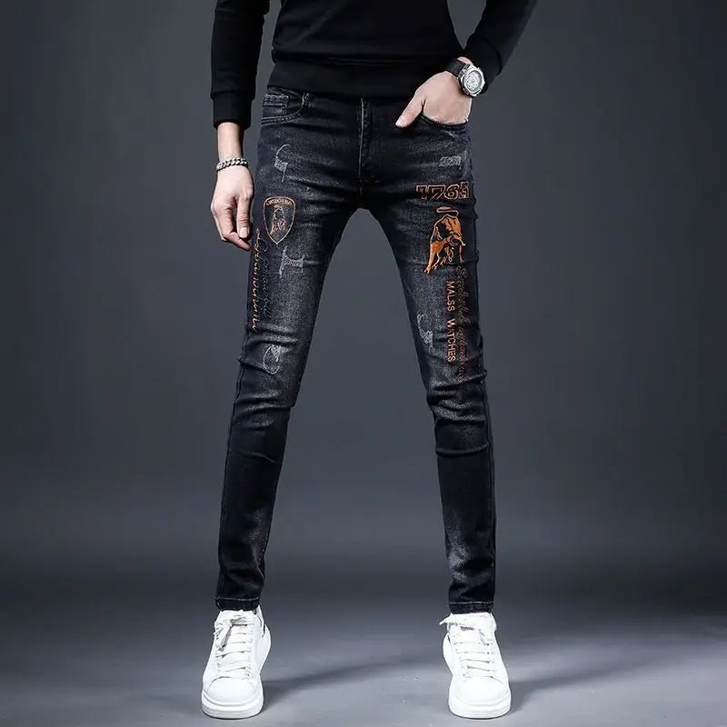 2025 Summer Ripped Jeans Men's Slim - fitting Small Feet Elastic Trousers Trendy Brand Fashion Scratched Patch Cargo Beggar Pants - DeadLineStreet