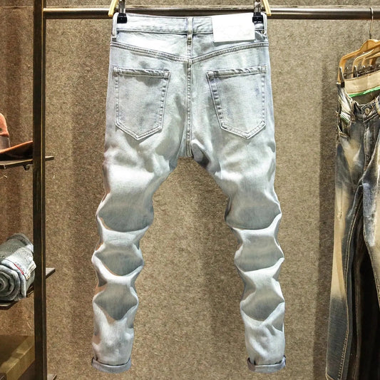 2025 Summer Ripped Jeans Men's Slim - fitting Small Feet Elastic Trousers Trendy Brand Fashion Scratched Patch Cargo Beggar Pants - DeadLineStreet