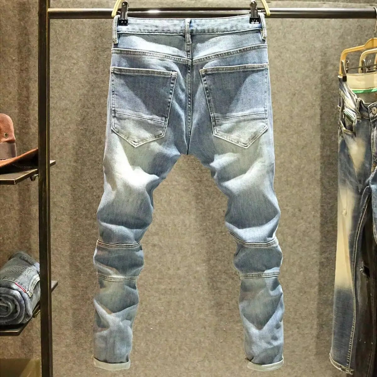 2025 Summer Ripped Jeans Men's Slim - fitting Small Feet Elastic Trousers Trendy Brand Fashion Scratched Patch Cargo Beggar Pants - DeadLineStreet