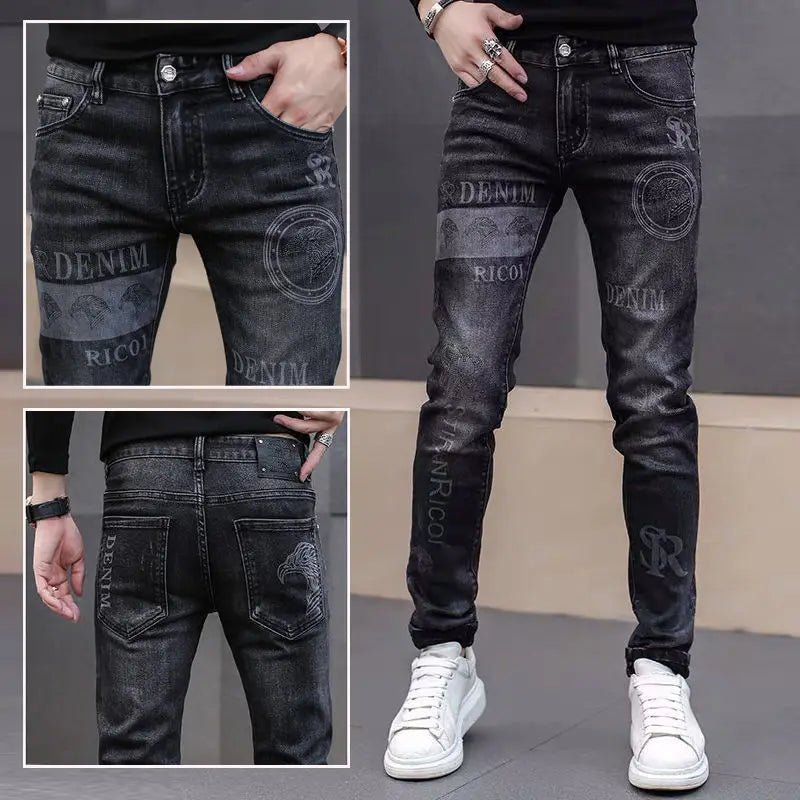 2025 Summer Ripped Jeans Men's Slim - fitting Small Feet Elastic Trousers Trendy Brand Fashion Scratched Patch Cargo Beggar Pants - DeadLineStreet