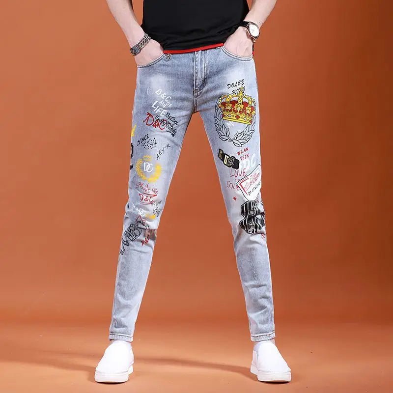 2025 Summer Ripped Jeans Men's Slim - fitting Small Feet Elastic Trousers Trendy Brand Fashion Scratched Patch Cargo Beggar Pants - DeadLineStreet
