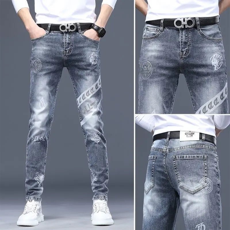 2025 Summer Ripped Jeans Men's Slim - fitting Small Feet Elastic Trousers Trendy Brand Fashion Scratched Patch Cargo Beggar Pants - DeadLineStreet