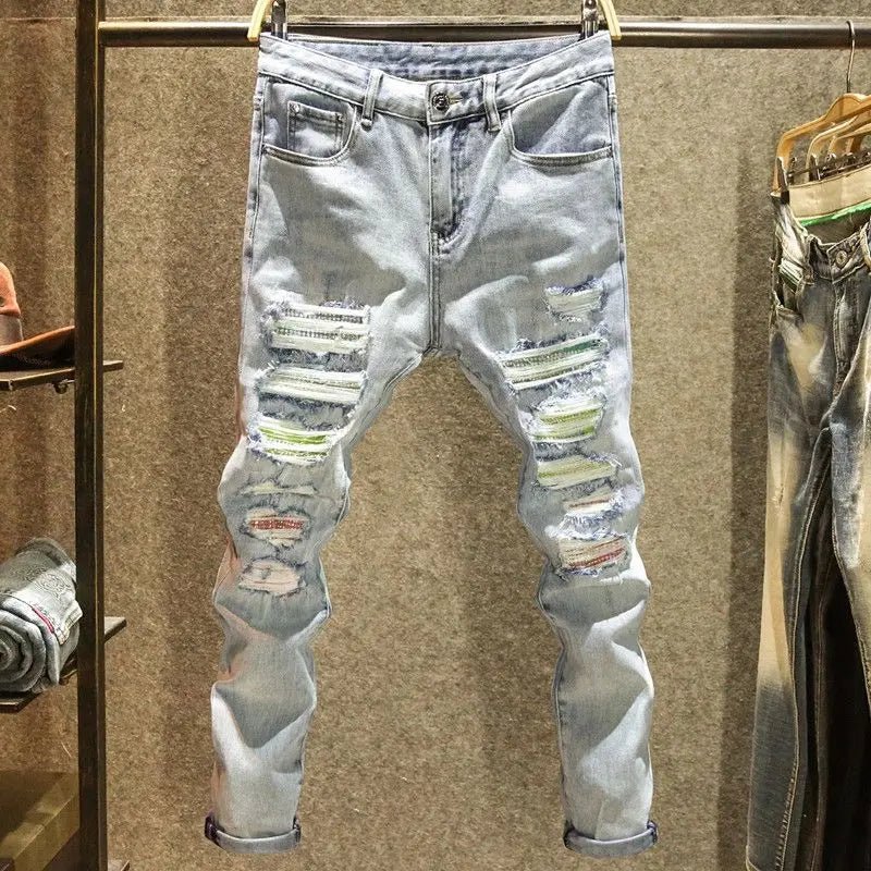 2025 Summer Ripped Jeans Men's Slim - fitting Small Feet Elastic Trousers Trendy Brand Fashion Scratched Patch Cargo Beggar Pants - DeadLineStreet