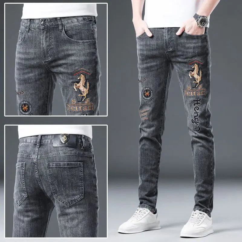 2025 Summer Ripped Jeans Men's Slim - fitting Small Feet Elastic Trousers Trendy Brand Fashion Scratched Patch Cargo Beggar Pants - DeadLineStreet