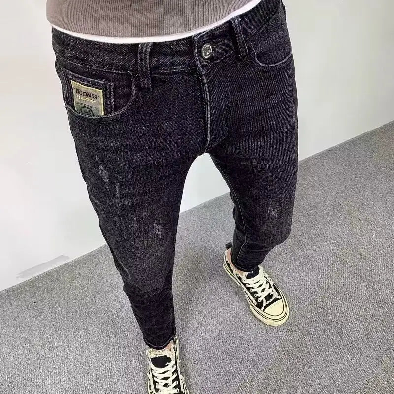 2025 Summer Ripped Jeans Men's Slim - fitting Small Feet Elastic Trousers Trendy Brand Fashion Scratched Patch Cargo Beggar Pants - DeadLineStreet
