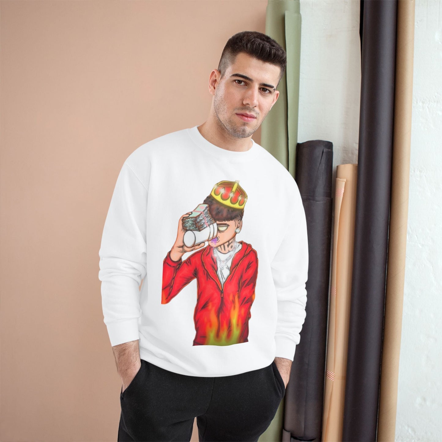 Champion Crewneck Sweatshirt — King Crown Graphic with Flames & Money Cup - DeadLineStreet