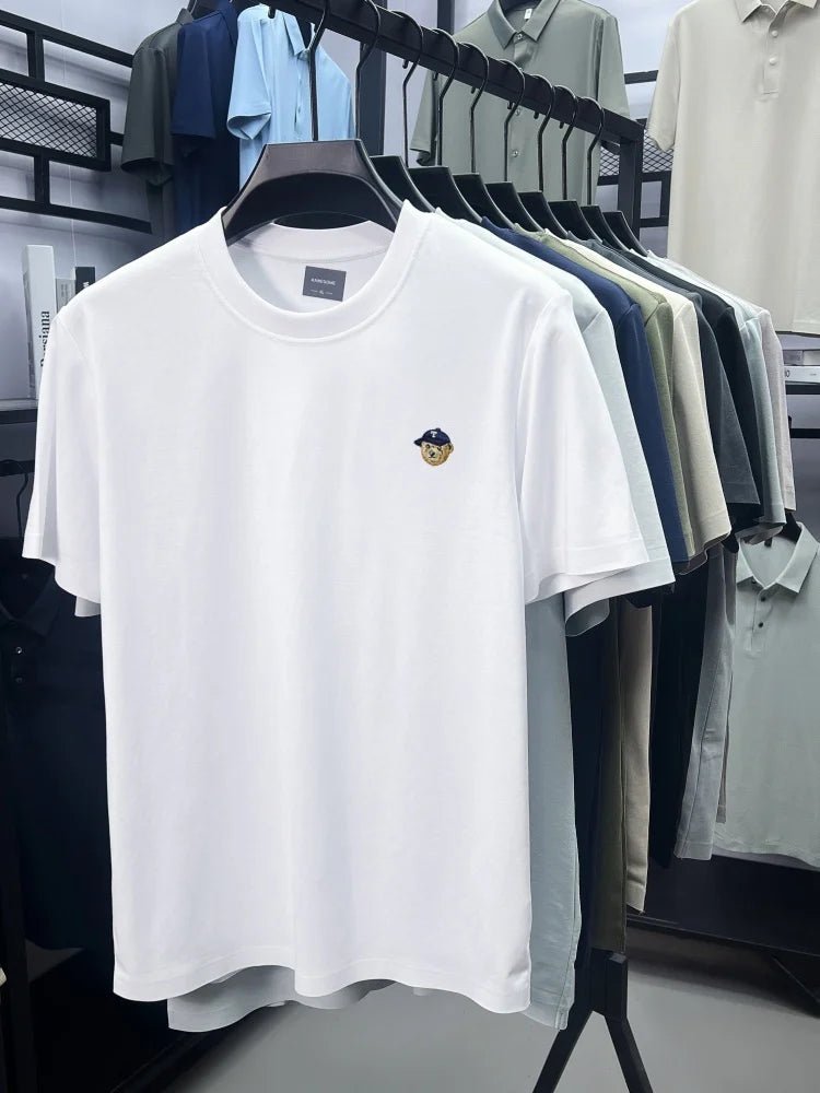 High end solid color short sleeve T-shirt ice silk cotton breathable fashion brand bear print summer new men's round neck top - DeadLineStreet