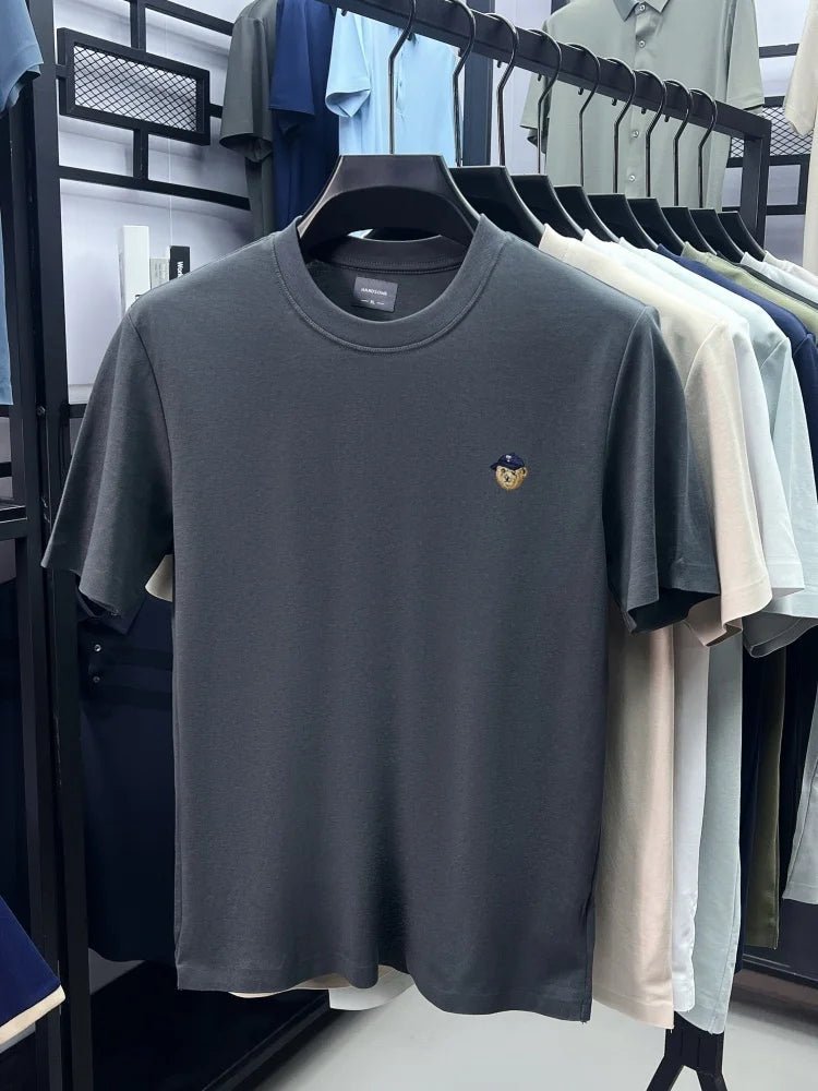 High end solid color short sleeve T-shirt ice silk cotton breathable fashion brand bear print summer new men's round neck top - DeadLineStreet