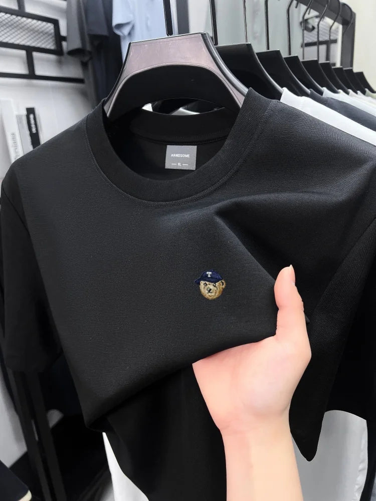 High end solid color short sleeve T-shirt ice silk cotton breathable fashion brand bear print summer new men's round neck top - DeadLineStreet
