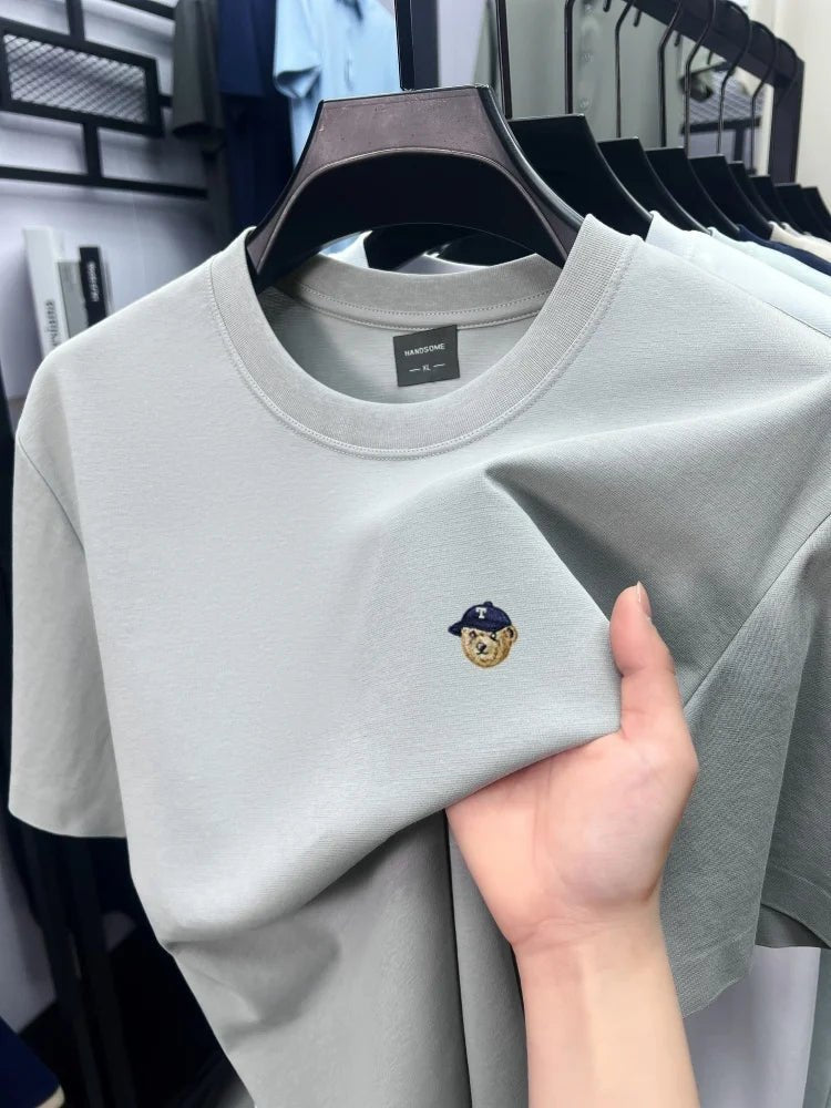 High end solid color short sleeve T-shirt ice silk cotton breathable fashion brand bear print summer new men's round neck top - DeadLineStreet