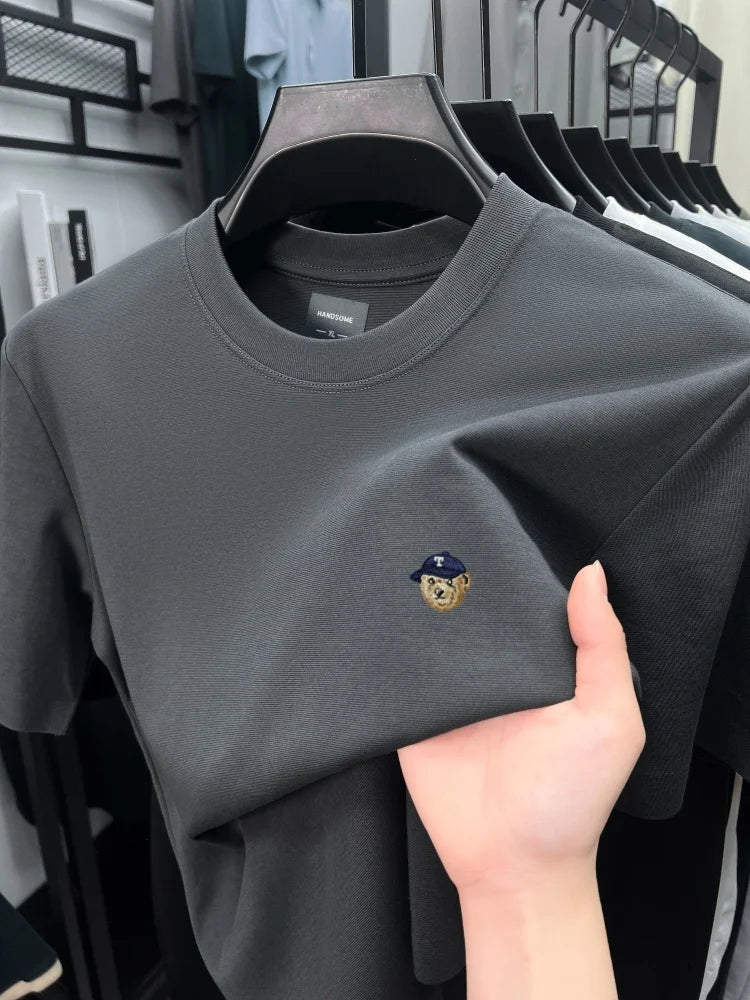High end solid color short sleeve T-shirt ice silk cotton breathable fashion brand bear print summer new men's round neck top - DeadLineStreet