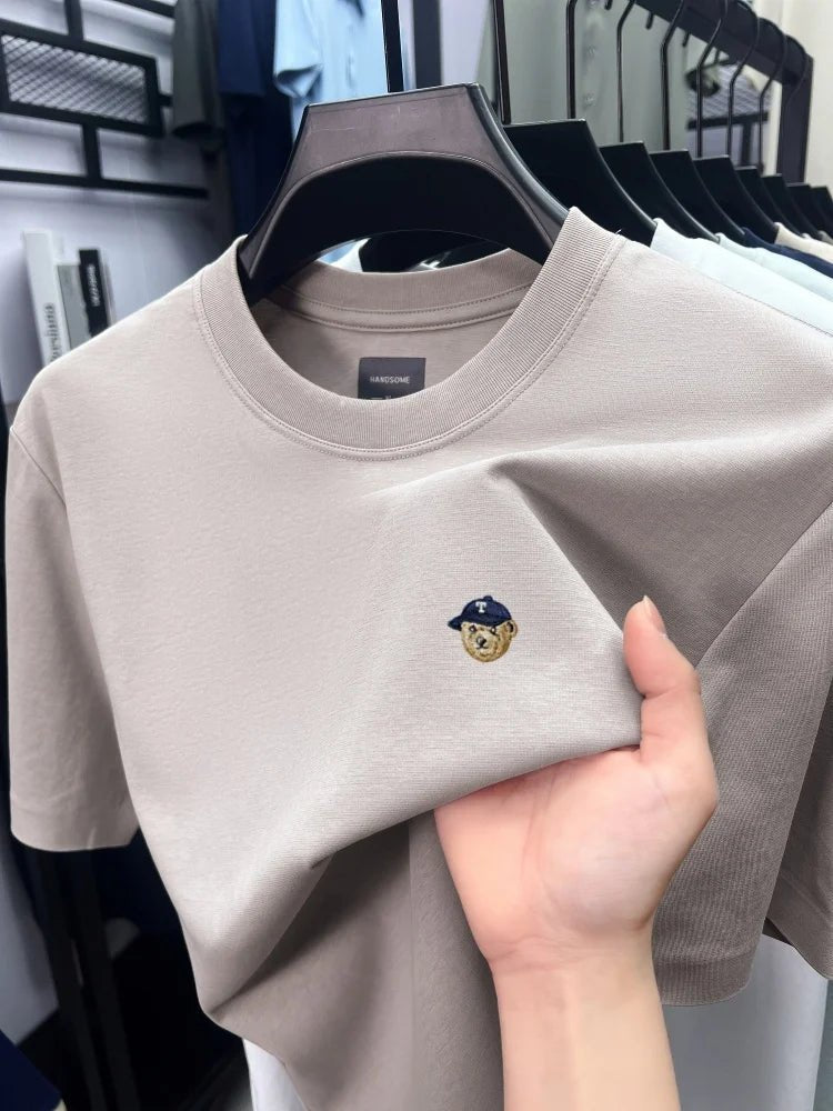 High end solid color short sleeve T-shirt ice silk cotton breathable fashion brand bear print summer new men's round neck top - DeadLineStreet
