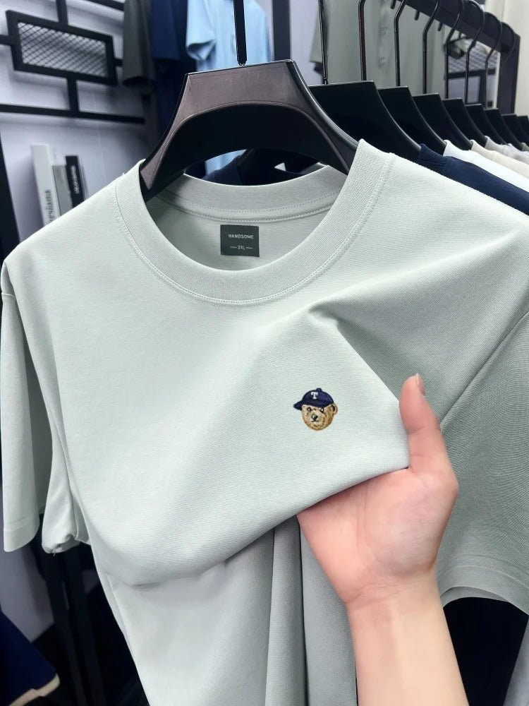 High end solid color short sleeve T-shirt ice silk cotton breathable fashion brand bear print summer new men's round neck top - DeadLineStreet