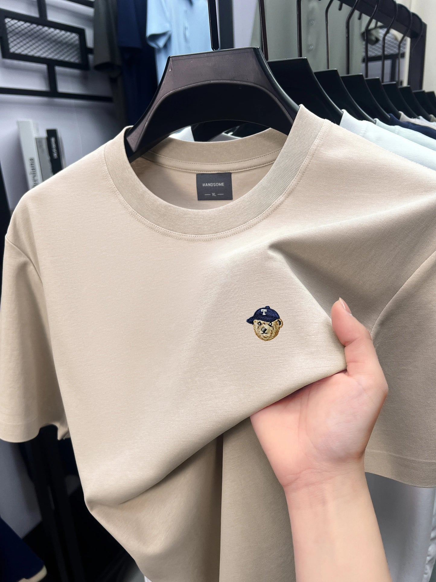 High end solid color short sleeve T-shirt ice silk cotton breathable fashion brand bear print summer new men's round neck top - DeadLineStreet