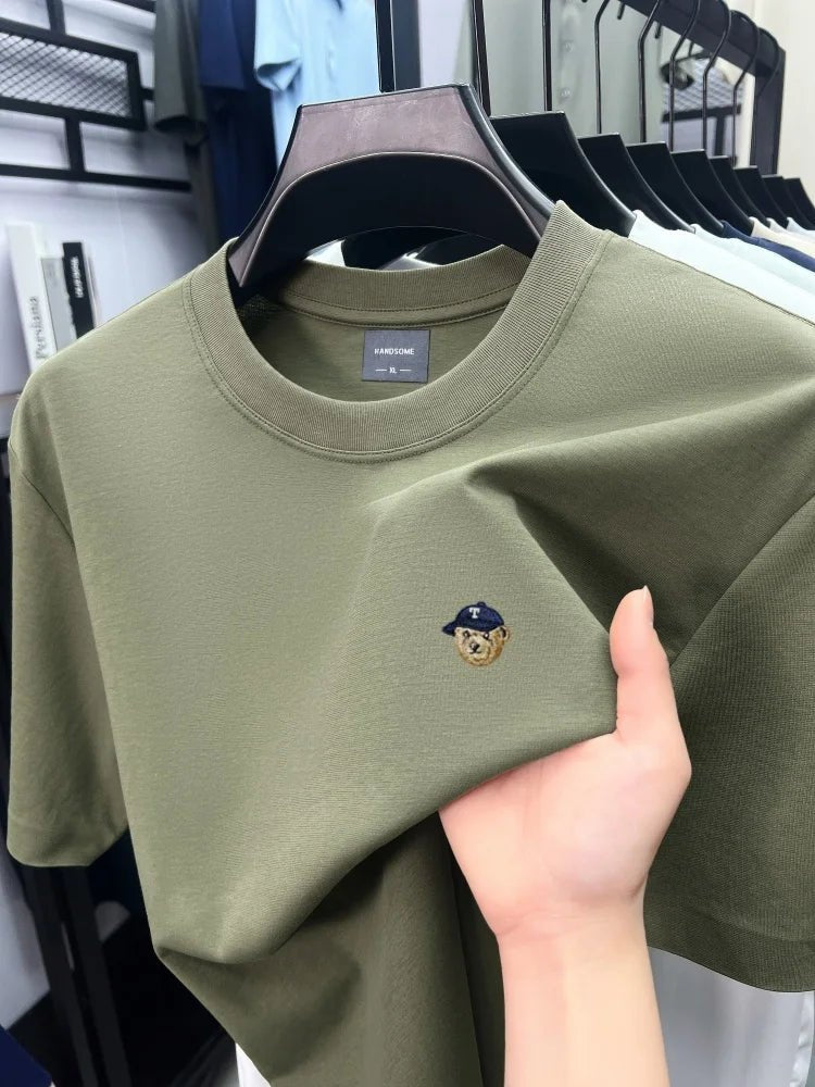 High end solid color short sleeve T-shirt ice silk cotton breathable fashion brand bear print summer new men's round neck top - DeadLineStreet