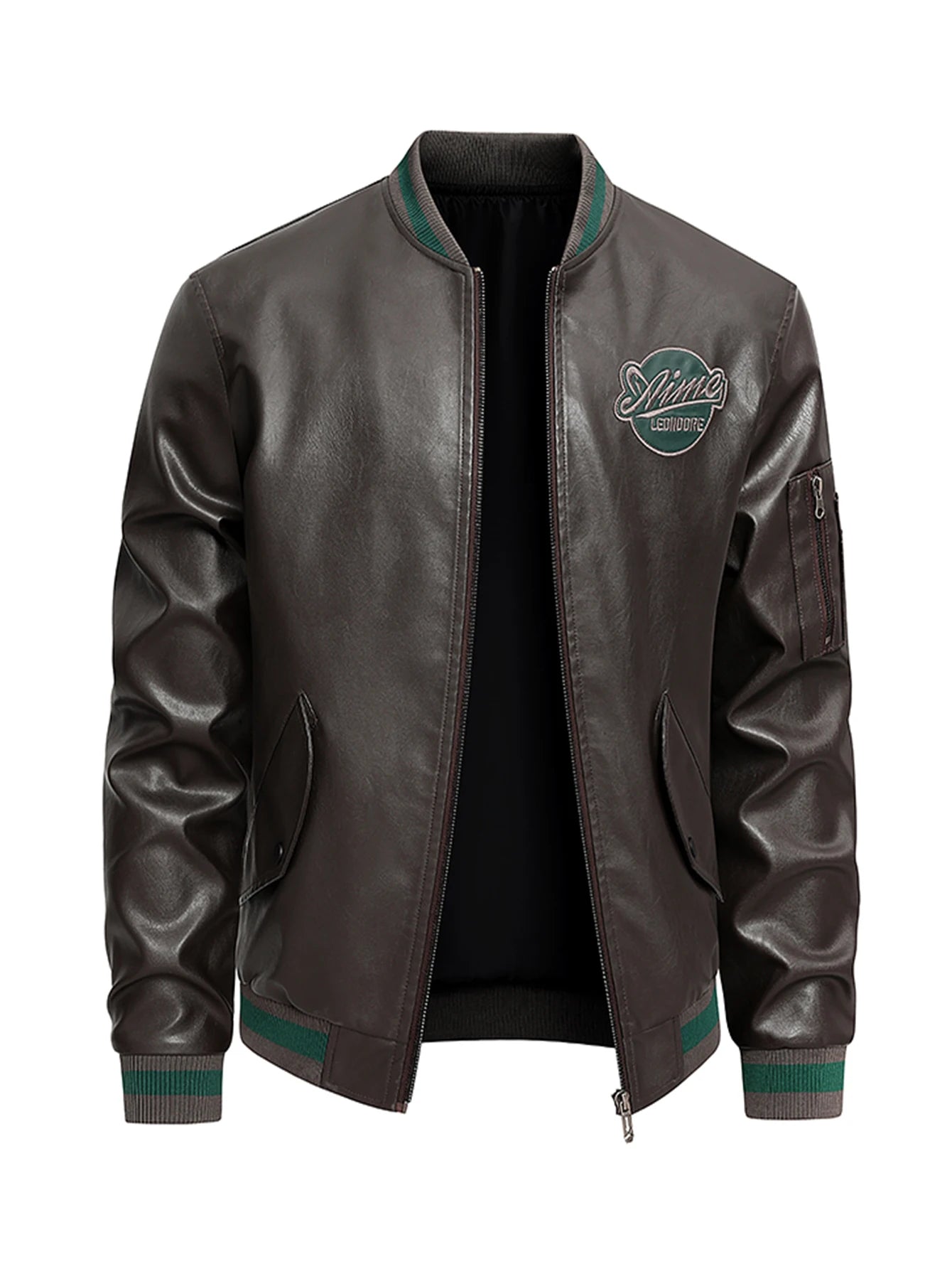 Men'S Baseball Jacket - Windproof Warm Coat with Zipper Closure, Brown & Green Accent Jacket, Non - Stretch Shell for Casual Outer - DeadLineStreet