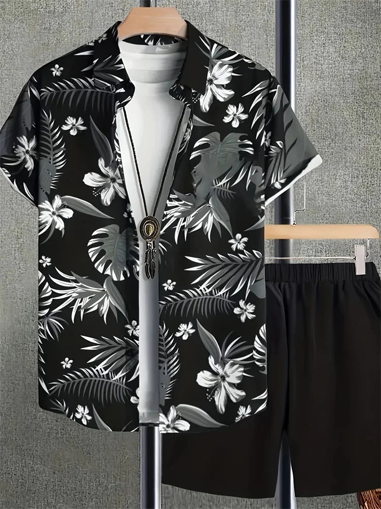 Men's Fashion Short - sleeved Shirt Set, Retro Black Pattern Printed Hawaiian Beach Vacation Style Men's Shirt Set - DeadLineStreet