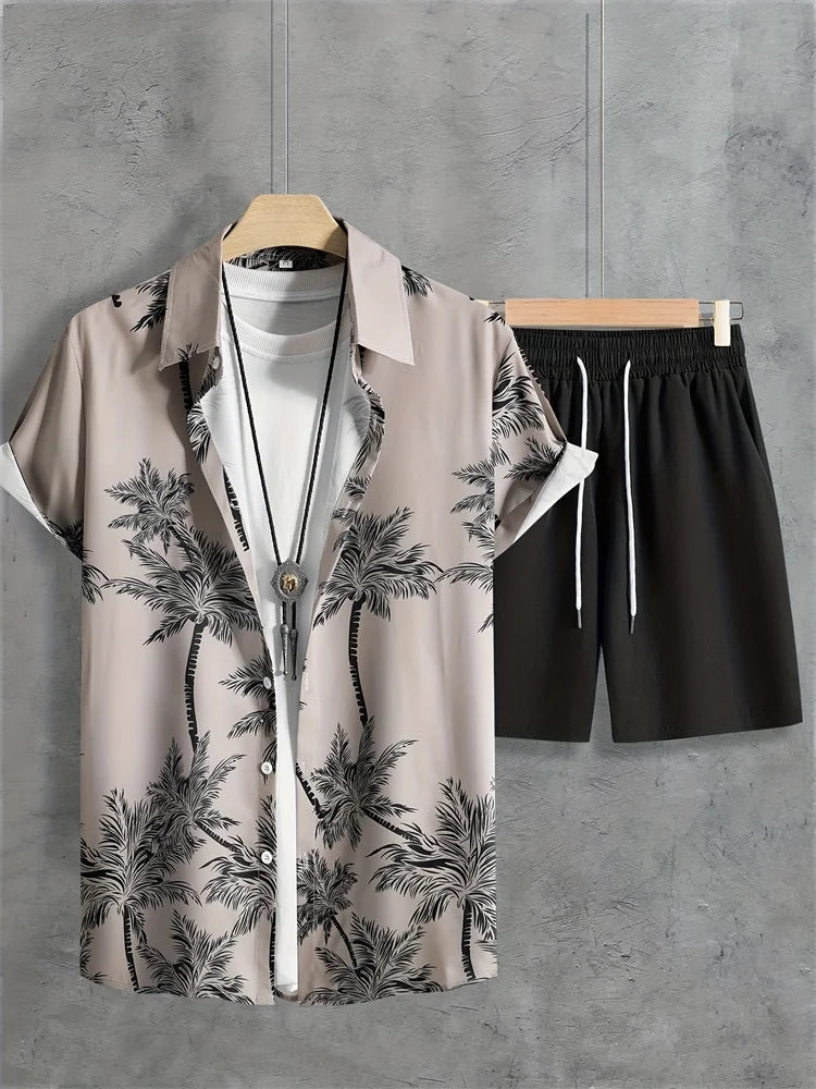 Men's Fashion Short - sleeved Shirt Set, Retro Black Pattern Printed Hawaiian Beach Vacation Style Men's Shirt Set - DeadLineStreet