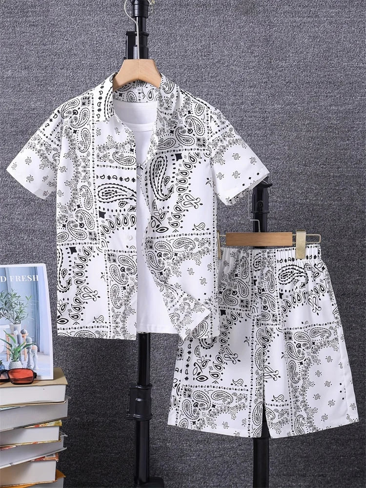Men's Fashion Short - sleeved Shirt Set, Retro Black Pattern Printed Hawaiian Beach Vacation Style Men's Shirt Set - DeadLineStreet