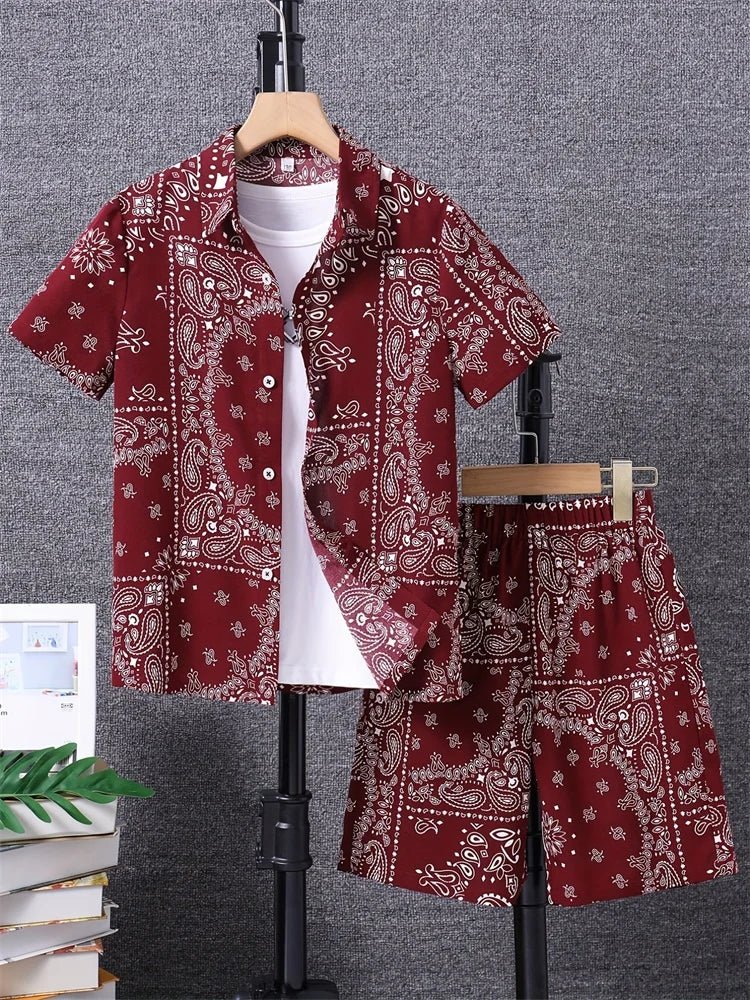 Men's Fashion Short - sleeved Shirt Set, Retro Black Pattern Printed Hawaiian Beach Vacation Style Men's Shirt Set - DeadLineStreet