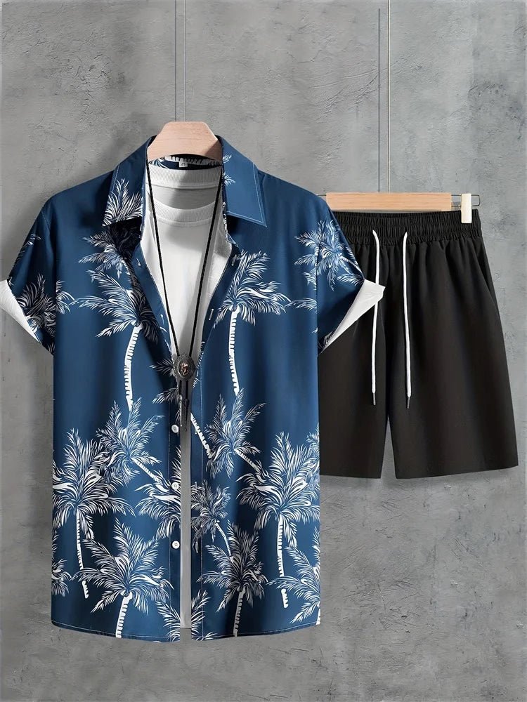 Men's Fashion Short - sleeved Shirt Set, Retro Black Pattern Printed Hawaiian Beach Vacation Style Men's Shirt Set - DeadLineStreet