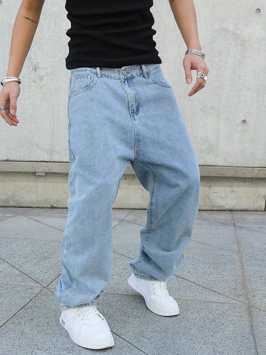 Spring Autumn Men Baggy Jeans Oversize Straight Loose Casual Denim Trousers Solid Color Streetwear Fashion Y2k Wide Leg Pants - DeadLineStreet