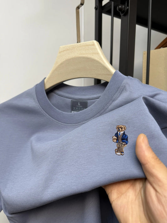Summer Men's High - quality Cotton Round Neck Short Sleeve T-shirt Commuting Leisure Durable Tee Exquisite Teddy Bear Embroidery - DeadLineStreet